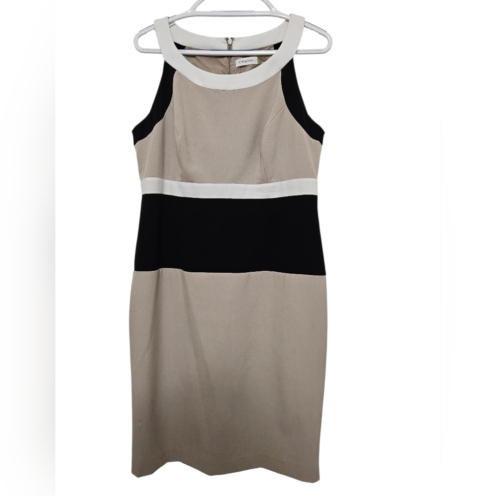 Calvin Klein Beige Black White Sheath Colorblock‎ Sleeveless Dress Size 12 Lined